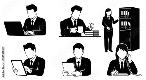 Black and White Business People Icons: Office Work, Technology, and Communication
