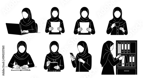 Black and White Muslim Woman Icon Set in Office, Vector Art