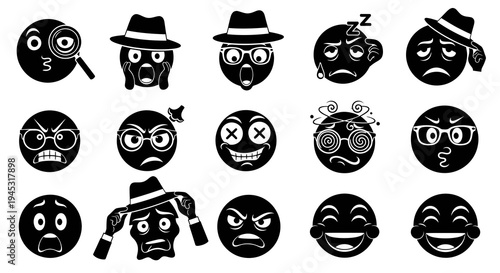 Black  White Emoji Icons: Detective, Shocked, Sad, Sleeping, Dizzy, Angry, Laughing
