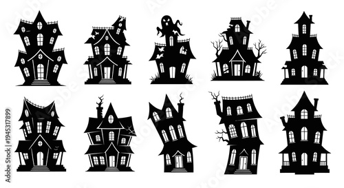 Spooky Haunted Houses Silhouette Set, Halloween Icons, Vector Art