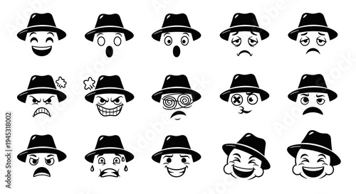 Black and White Fedora Hat Emoticon Faces Icons Set Vector Art