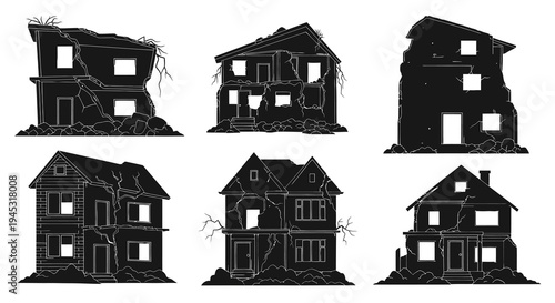 Destroyed Houses Silhouettes Vector Set - Damaged Buildings Graphics