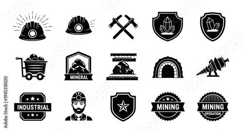 Mining Industry Black and White Icons Set - Hard Hat, Tools, Ore Cart