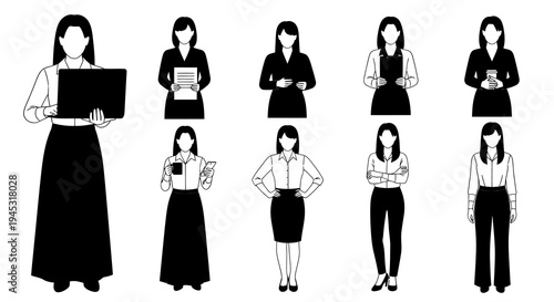 Black and White Line Art of Diverse Businesswomen Poses