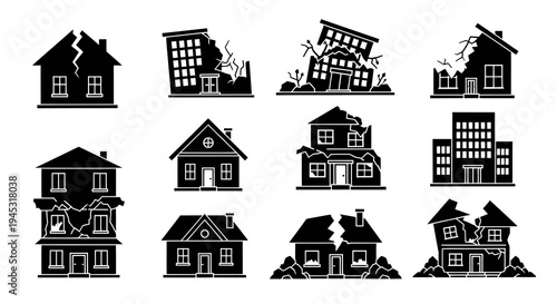 Black  White Glyph Icons of Damaged Houses and Buildings