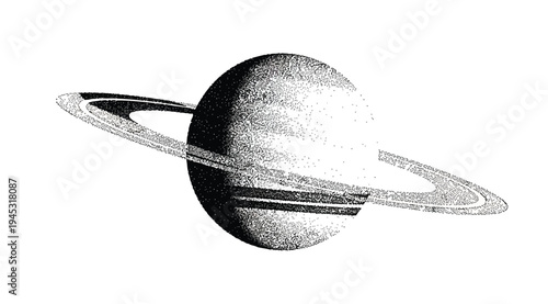 A black and white illustration of the planet saturn with its rings in a stippled style on a white background
