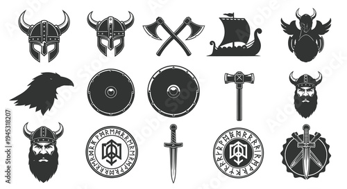 Viking Symbols: Helmets, Axes, Shields, Raven, Ship, Runes, Black  White Art