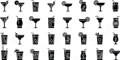 Set of 25 black cocktail and drink icons vector