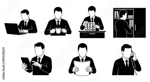 Business Man Icon Set: Laptop, Coffee, Files, Cabinet, Tablet, Newspaper, Phone