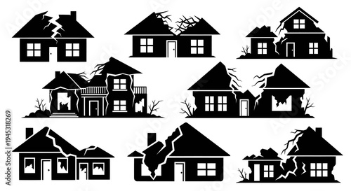 Black and White Icons of Damaged Houses, Vector Art