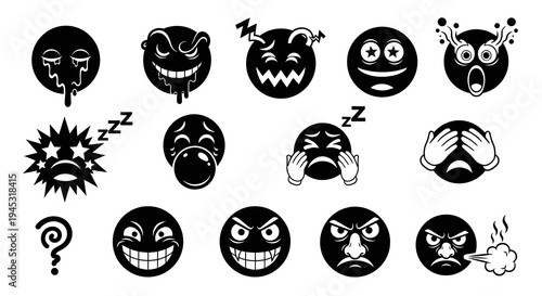 Black and White Emoji Icons: Crying, Laughing, Angry, Sleeping, Shocked
