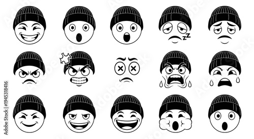 Black and White Line Art Emoji Faces Wearing Beanies