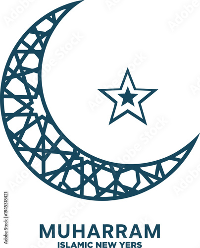 Muharram islamic new year greeting design with blue geometric pattern crescent moon and star