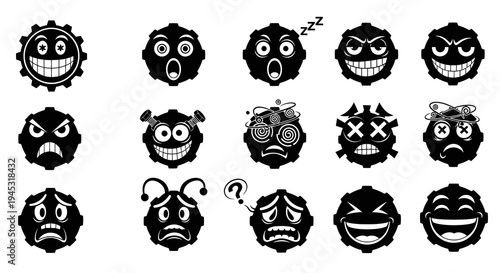 Industrial Gear Emoticon and Smiley Face Icon Set