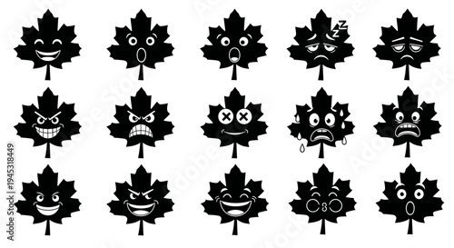 Black Maple Leaf Emoticons, Various Emotions, Glyph Art Style