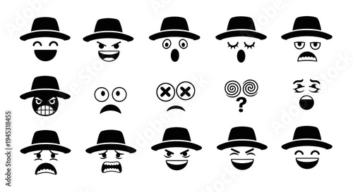 Black and White Cowboy Hat Emoticons Collection, Vector Icons