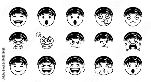 Set of 15 Black and White Emoji Faces with Caps, Expressing Emotions
