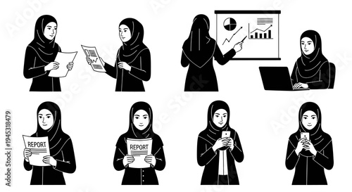 Businesswomen in Hijab, presenting report, working on laptop, using smartphone, line art