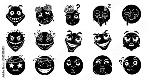 Black  White Vector Art Collection of Expressive Emoticons and Funny Faces