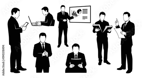 Business People Silhouettes: Presentation, Laptop, Tablets, Books