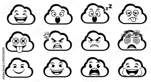 Black and White Cloud Emojis Set, Vector Line Art Stock Icons