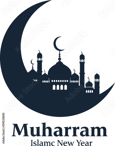 Islamic new year muharram celebration banner with mosque silhouette and crescent