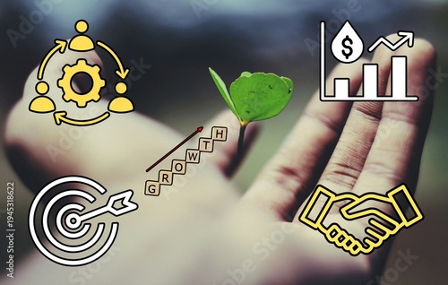 Business growth concept with small plant in hand, financial graph, target and partnership symbols