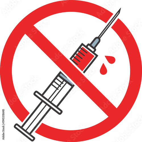 No injection sign with a syringe and blood drops, symbolizing prohibition of drug use