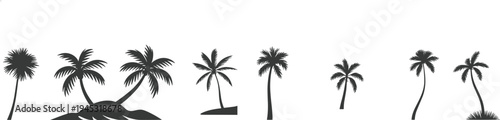 Tropical palm tree silhouettes set, island beach landscape elements, exotic summer paradise plants collection isolated vector illustration