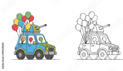 Cute cartoon hybrid car with tank turret and colorful party balloons. Includes full color and black and white outline version for children's coloring book page illustration.