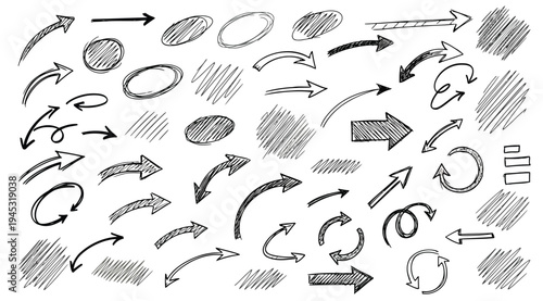 Collection of various hand drawn arrows and curved lines on white background for design and illustration purposes