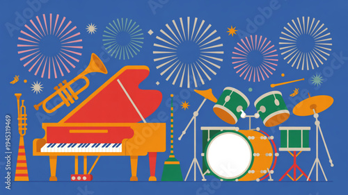 Vibrant music festival scene with piano drums trumpet saxophone and colorful fireworks on blue background celebrating joy and entertainment