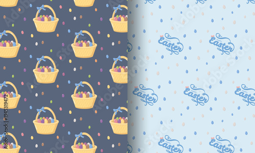 Two seamless Easter patterns with baskets of eggs, decorated cakes, pussy willow branches, and hearts on green and blue backgrounds, festive seasonal design for wrapping paper and holiday decor
