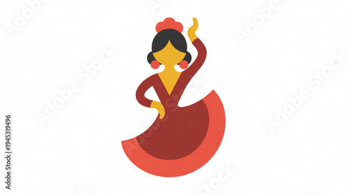 Woman in traditional flamenco dress dancing with raised hand red skirt and top elegant pose expressive gesture