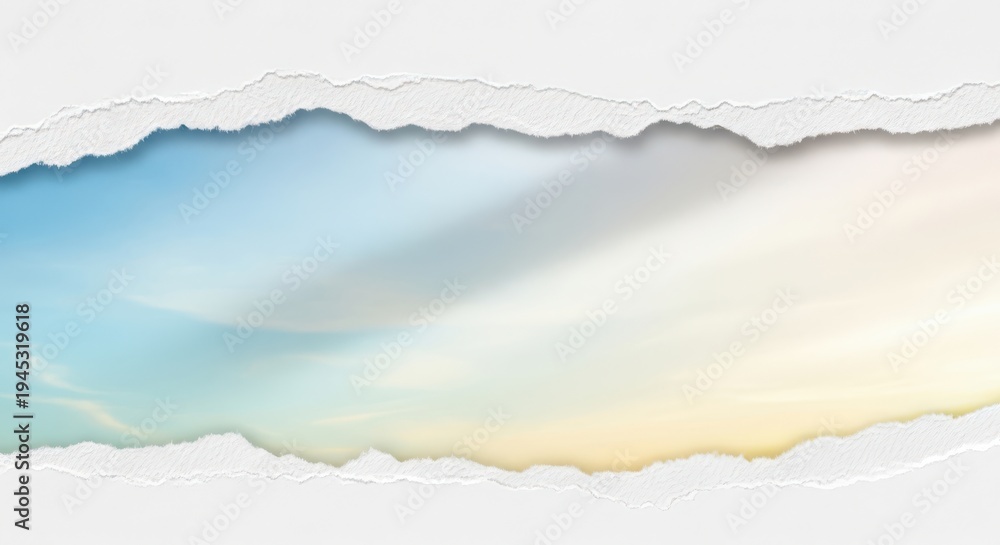 Fototapeta premium Torn white paper revealing a bright, ethereal blue and yellow sky background