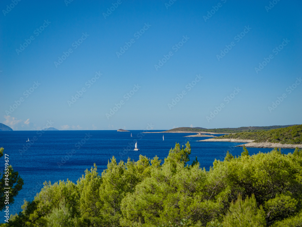 Obraz premium Blue Adriatic Sea with white sailboats crossing the horizon above bright green pines on island of Hvar. Perfect day for sailing, accompanied by sunshine, gentle winds and views of scenic coastline.
