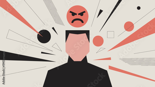 A man with an angry expression on his face is depicted in a graphic illustration with bold lines and vibrant colors.