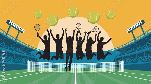 A group of people playing tennis on a court at sunset with a crowd watching from the stands