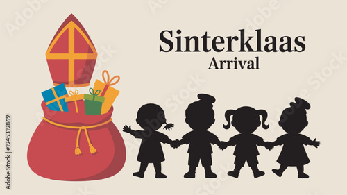 A festive illustration of children excitedly walking towards Sinterklaas arrival with a large red bag full of gifts