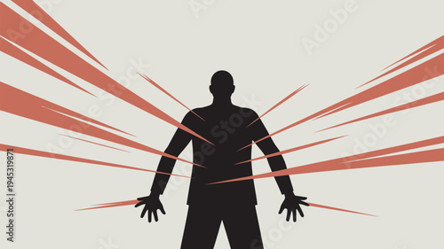 A silhouette of a man with red lines radiating from his body, conveying a sense of energy and movement.