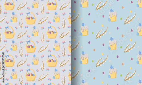Two seamless Easter patterns with baskets of eggs, decorated cakes, pussy willow branches, butterflies, and colorful eggs on pastel lavender and blue backgrounds, festive design for holiday decor