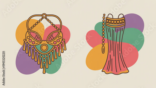 Vibrant mardi gras masks and purse illustrations with colorful abstract backgrounds