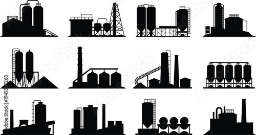 Collection of industrial plants and factories with silos, storage tanks, and various machinery in silhouette form