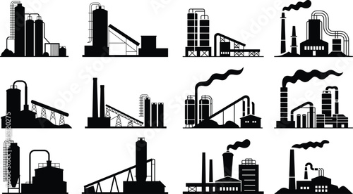 Collection of industrial plant silhouettes featuring factories, refineries, and power stations with chimneys and storage tanks