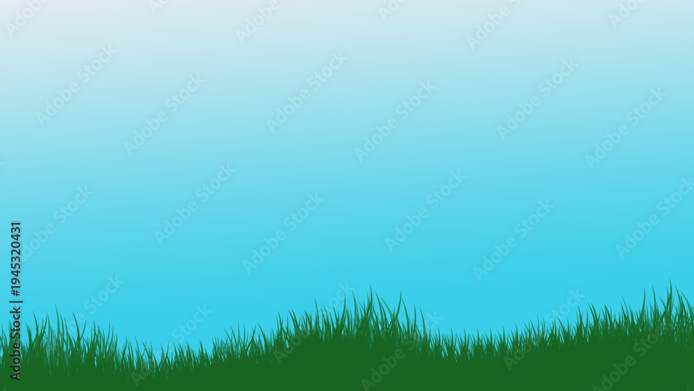 Obraz premium Simple illustration featuring a vibrant dark green grass silhouette against a gradient blue sky background