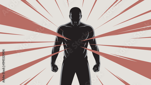 A muscular man in a powerful stance with red energy lines radiating from his body