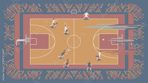A vibrant illustration of a bustling basketball court with players in action