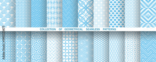 Geometric set of seamless blue and white patterns. Simple vector graphics