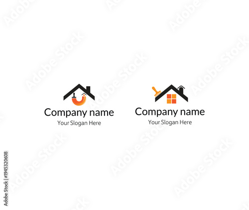 Two company logos featuring houses with different design elements and slogans.