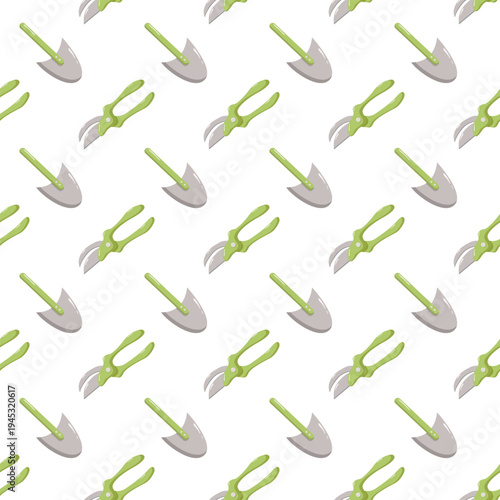 фотографія Seamless gardening pattern with pruning shears and trowels on white background,